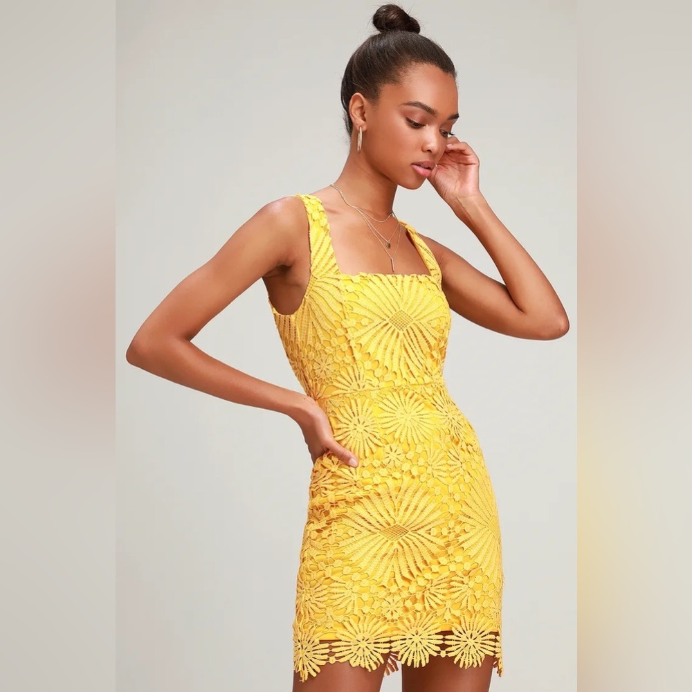 Lulu’s Heart Strings Yellow Lace Mini Dress